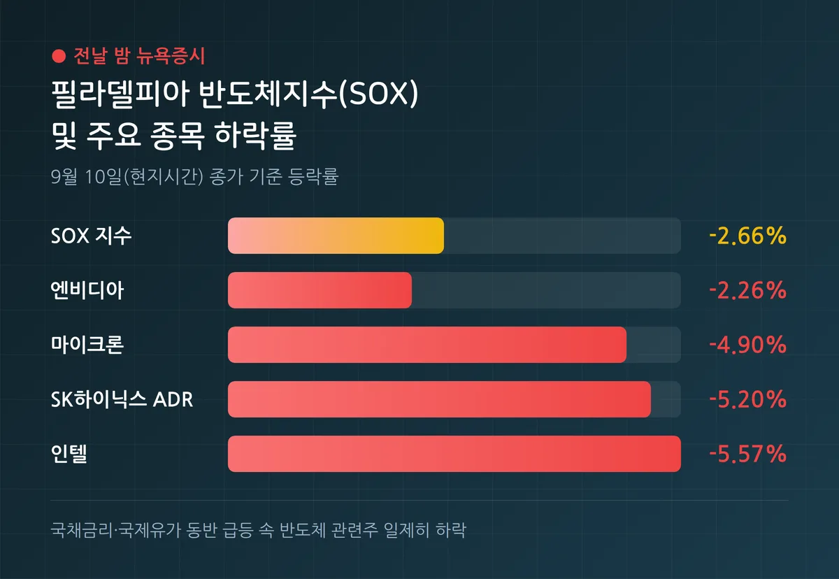 전날 밤 뉴욕증시 필라델피아 반도체지수(SOX) 하락률과 마이크론·인텔·엔비디아 등 주요 종목 등락률 비교 그래프